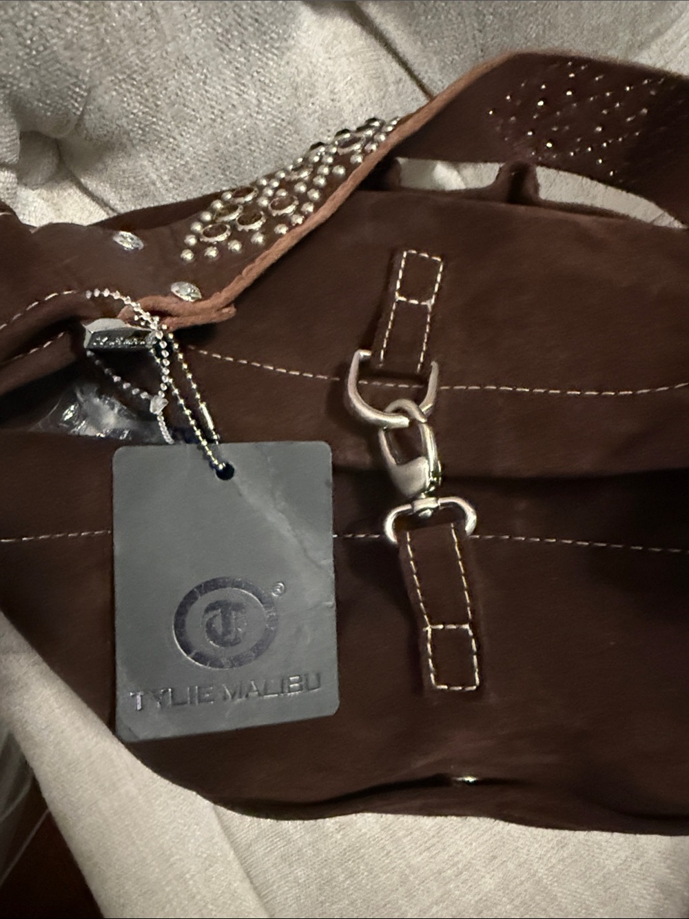 Tylie Malibu Dark Brown Suede Shoulder Bag with Leather Studded Strap - Picture 8 of 14
